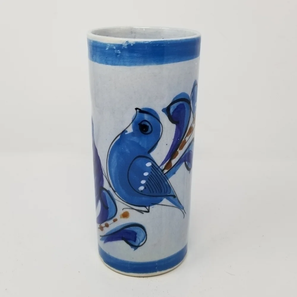 Ken Edwards Tonala Mexican Folk Art Pottery Vase Glazed Tumbler Bird Blue Floral
